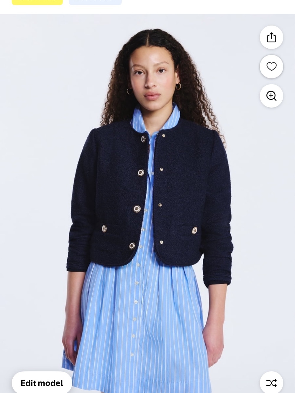 Cropped Navy Bouclé Button Jacket